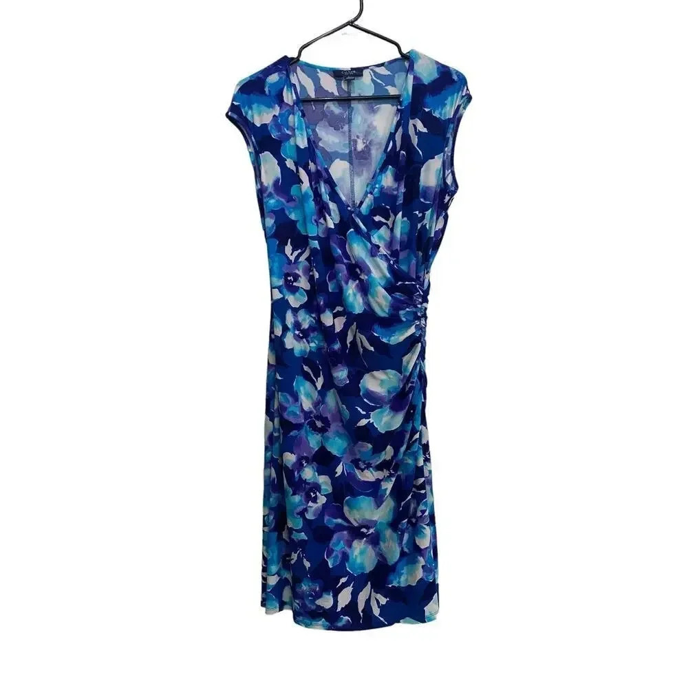 Chaps Blue Sleeveless V-Neck Floral Sheath Wrap Dress Size Large